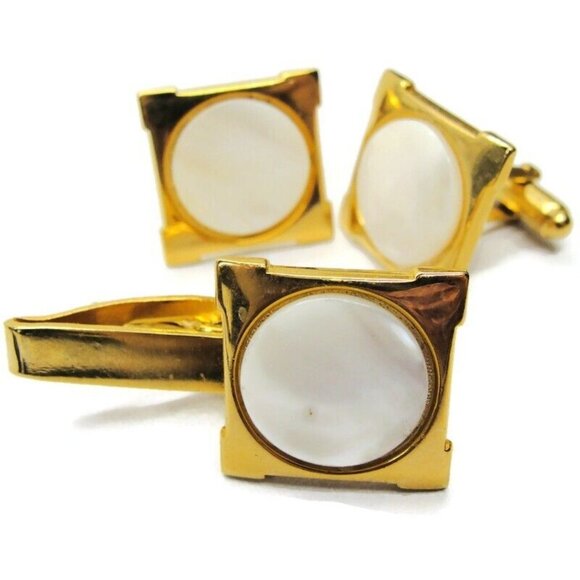 Square Gold-Tone & MOP Cufflinks Set w Tie Clasp Tux Shirt Dress Suit Vintage - Picture 2 of 6